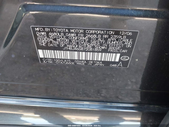44691854 :رقم المزاد ، JTHBJ46G872081859 vin ، 2007 Lexus Es 350 مزاد بيع