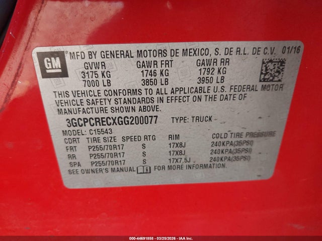 3GCPCRECXGG200077 Chevrolet Silverado 1500 1lt