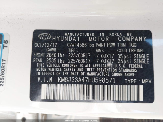 KM8J33A47HU598571 Hyundai TUCSON SE