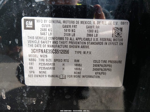 44691864 :رقم المزاد ، 3GYFNAE35CS512056 vin ، 2012 Cadillac Srx Luxury Collection مزاد بيع