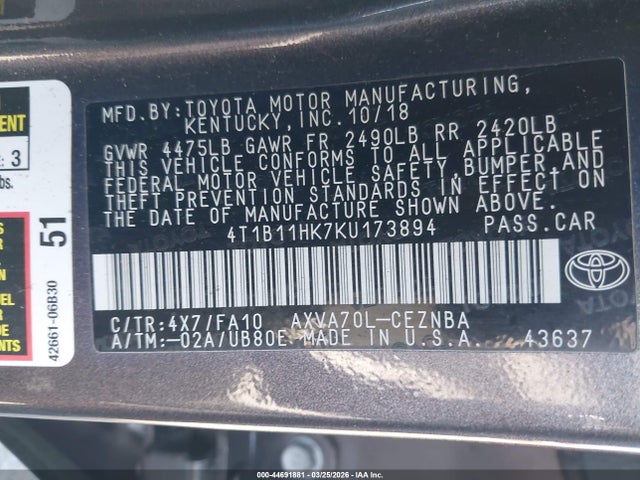 2019 TOYOTA CAMRY 4T1B11HK7KU173894 Photo 8