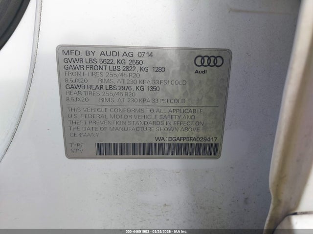 Продаж на аукціоні авто 2015 Audi Q5 3.0t Premium Plus, vin: WA1DGAFP5FA029417, номер лоту: 44691903