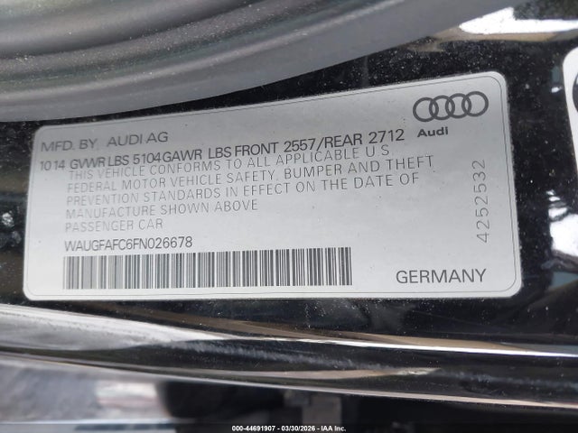 44691907 :رقم المزاد ، WAUGFAFC6FN026678 vin ، 2015 Audi A6 2.0t Premium مزاد بيع