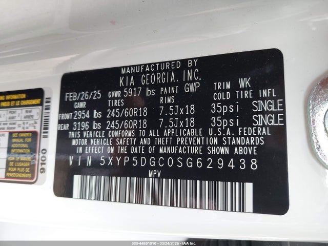 44691910 :رقم المزاد ، 5XYP5DGC0SG629438 vin ، 2025 Kia Telluride Sx Prestige X-pro مزاد بيع