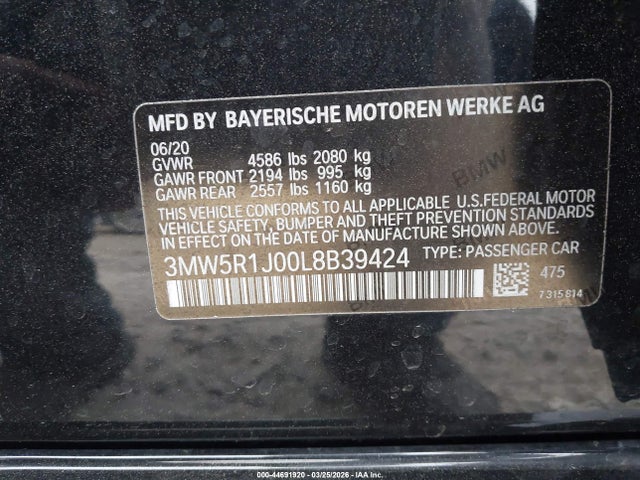 Aukcja sprzedaży 2020 Bmw 330i, vin: 3MW5R1J00L8B39424, numer aukcji: 44691920