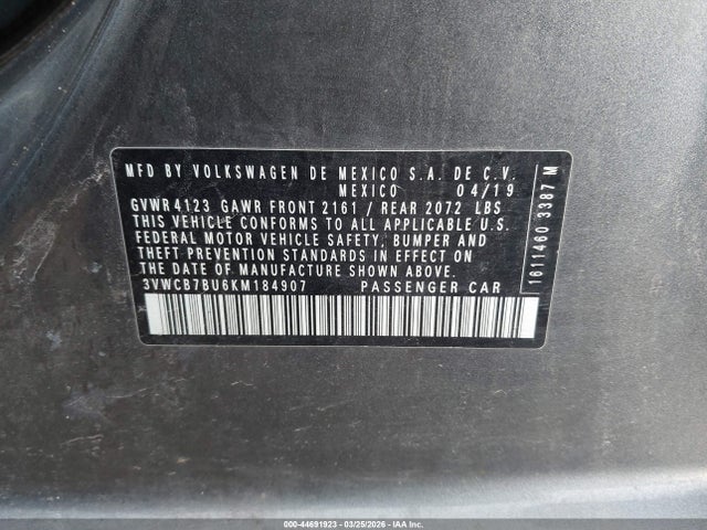 44691923 :رقم المزاد ، 3VWCB7BU6KM184907 vin ، 2019 Volkswagen Jetta 1.4t R-line/1.4t S/1.4t Se مزاد بيع