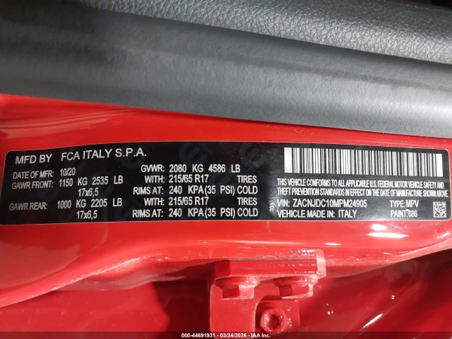 Aukcja sprzedaży 2021 Jeep Renegade Trailhawk 4x4, vin: ZACNJDC10MPM24905, numer aukcji: 44691931