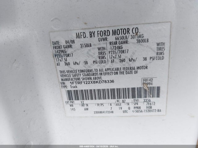 Продаж на аукціоні авто 2008 Ford F-150 Stx/xl/xlt, vin: 1FTRF122X8KD78336, номер лоту: 44691934