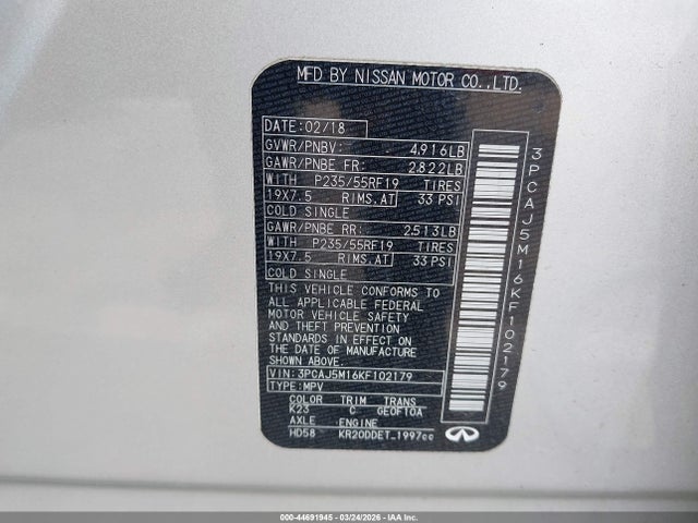 2019 Infiniti Qx50 Essential მანქანა იყიდება აუქციონზე, vin: 3PCAJ5M16KF102179, აუქციონის ნომერი: 44691945