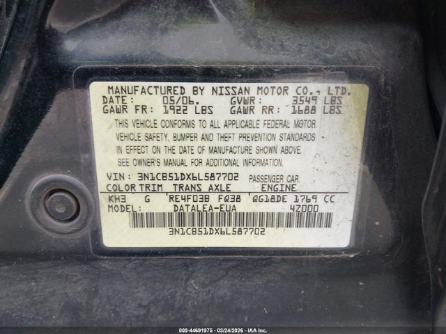 Продаж на аукціоні авто 2006 Nissan Sentra 1.8s, vin: 3N1CB51DX6L587702, номер лоту: 44691975