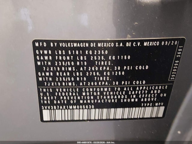 3VV3B7AX1MM005630 Volkswagen Tiguan 2.0t Se/2.0t Se R-line Black/2.0t Sel