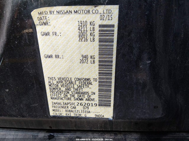 2015 Nissan Altima 2.5/2.5 S/2.5 Sl/2.5 Sv მანქანა იყიდება აუქციონზე, vin: 1N4AL3AP5FC262019, აუქციონის ნომერი: 44691978