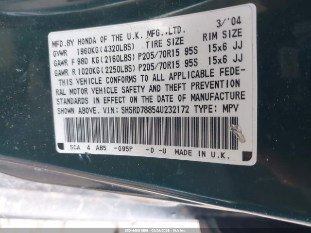 2004 HONDA CR-V SHSRD78854U232172 Photo 8