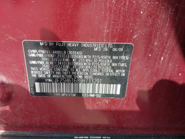 2009 Subaru Forester 2.5x მანქანა იყიდება აუქციონზე, vin: JF2SH61689H733291, აუქციონის ნომერი: 44691995