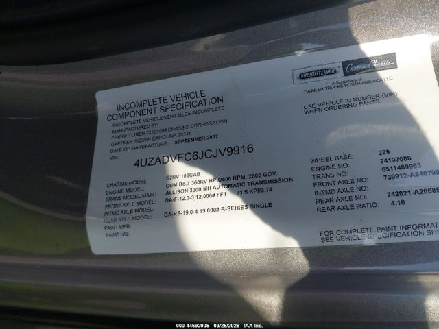 Продажа на аукционе авто 2018 Freightliner Chassis S-2, vin: 4UZADVFC6JCJV9916, номер лота: 44692005