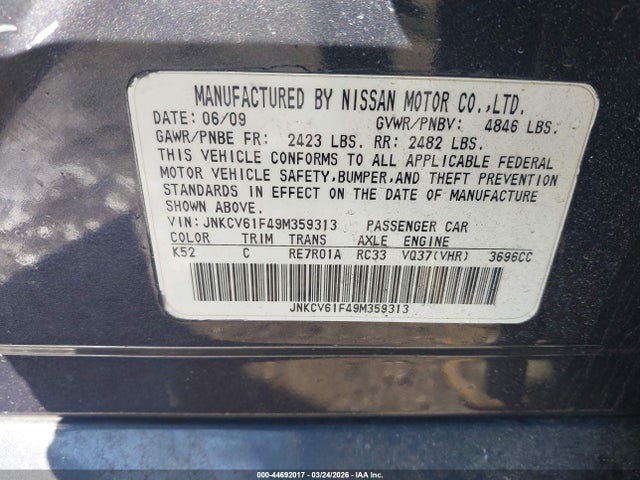 Aukcja sprzedaży 2009 Infiniti G37x, vin: JNKCV61F49M359313, numer aukcji: 44692017