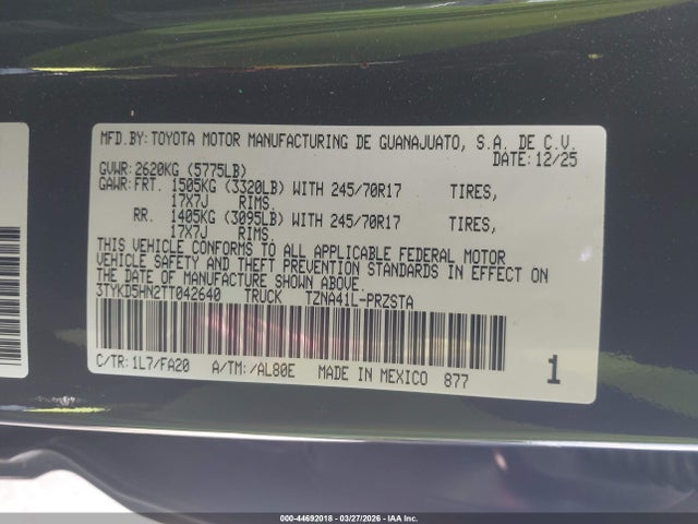 Продаж на аукціоні авто 2026 Toyota Tacoma Sr, vin: 3TYKD5HN2TT042640, номер лоту: 44692018