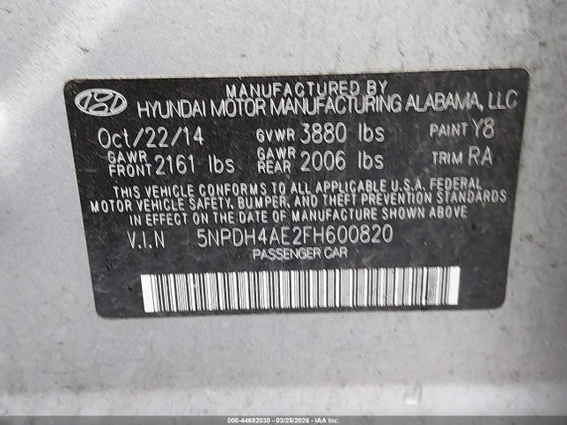 Hyundai Elantra Limited 2015 5NPDH4AE2FH600820 Image 9