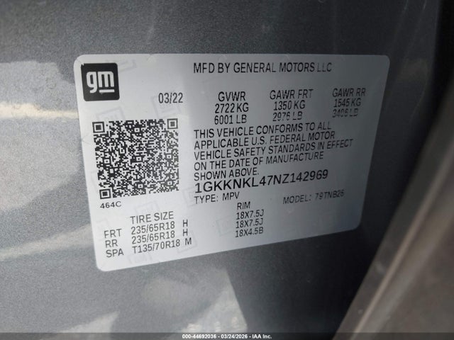 Aukcja sprzedaży 2022 Gmc Acadia Fwd Sle, vin: 1GKKNKL47NZ142969, numer aukcji: 44692036