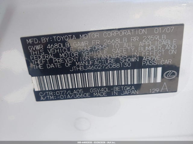 44692038 :رقم المزاد ، JTHBJ46G272088130 vin ، 2007 Lexus Es 350 مزاد بيع