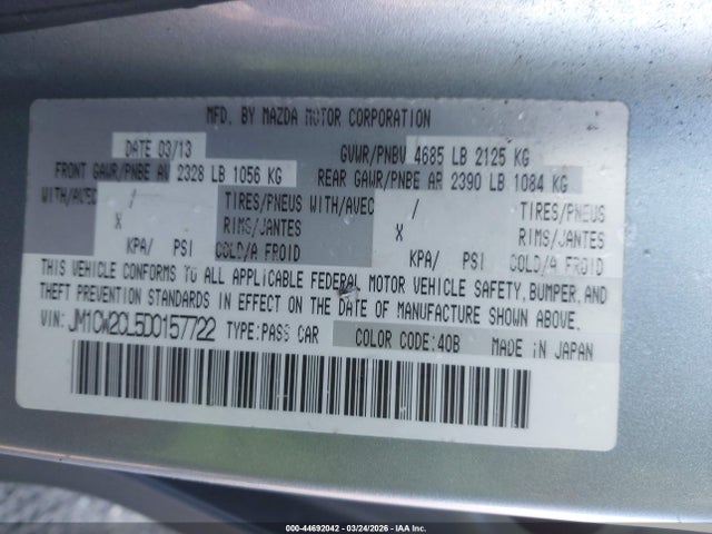 44692042 :رقم المزاد ، JM1CW2CL5D0157722 vin ، 2013 Mazda Mazda5 Touring مزاد بيع