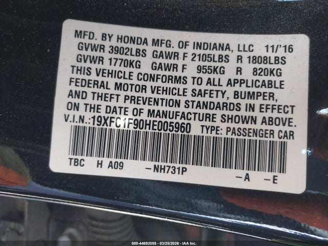 44692055 :رقم المزاد ، 19XFC1F90HE005960 vin ، 2017 Honda Civic Touring مزاد بيع