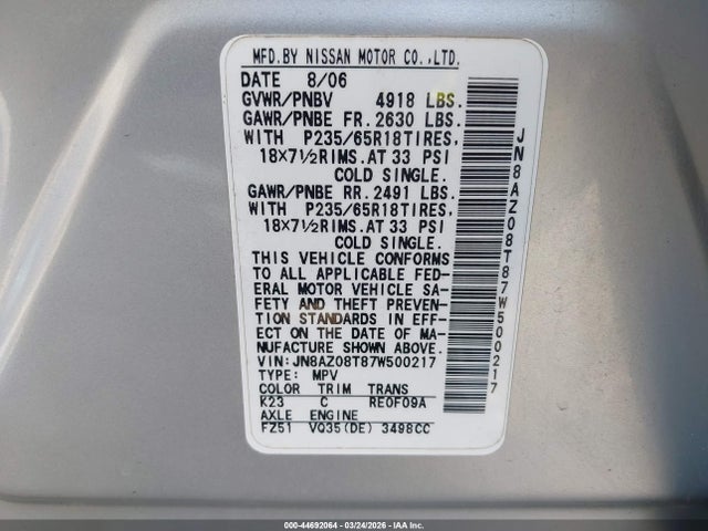 Продажа на аукционе авто 2007 Nissan Murano Sl, vin: JN8AZ08T87W500217, номер лота: 44692064