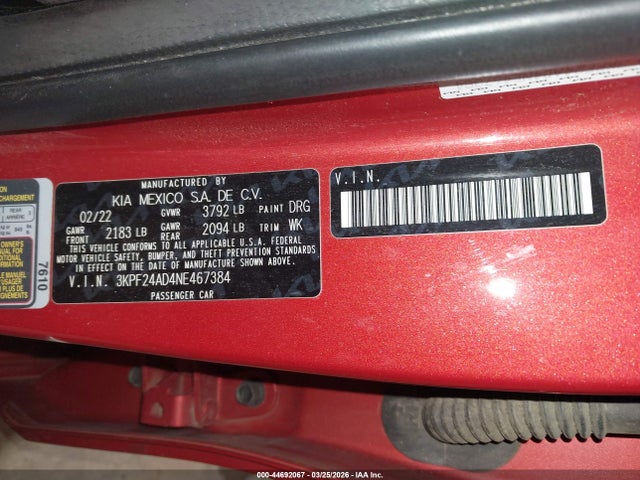 2022 Kia Forte Lxs მანქანა იყიდება აუქციონზე, vin: 3KPF24AD4NE467384, აუქციონის ნომერი: 44692067