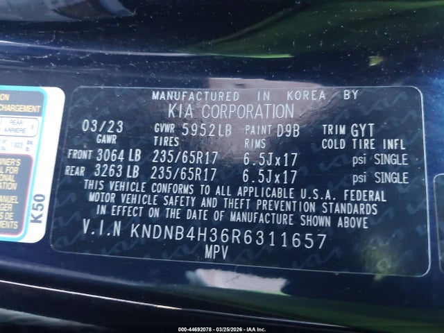 KNDNB4H36R6311657 KIA Carnival Mpv Lx Seat Package