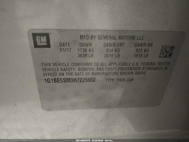 44692079 :رقم المزاد ، 1G1BE5SM3H7225662 vin ، 2017 Chevrolet Cruze Lt Auto مزاد بيع
