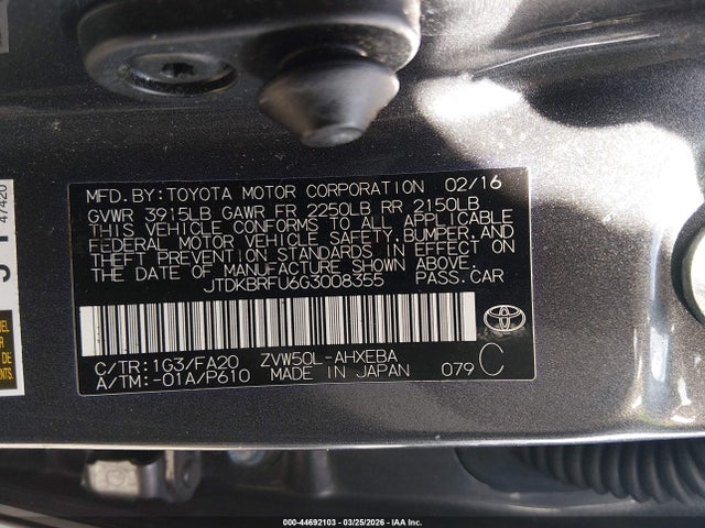 JTDKBRFU6G3008355 Toyota Prius Two