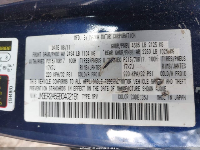 Продажа на аукционе авто 2011 Mazda Cx-7 I Sv, vin: JM3ER2A59B0402191, номер лота: 44692109