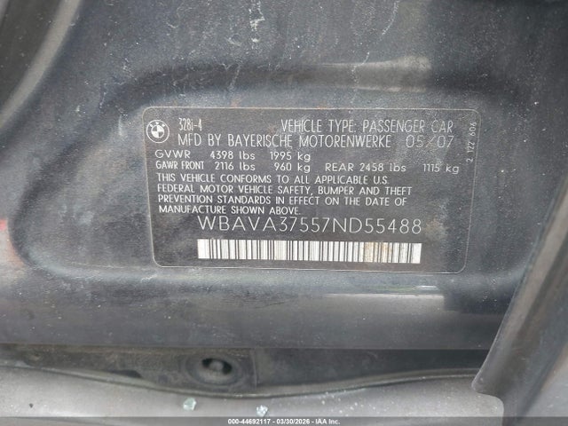Aukcja sprzedaży 2007 Bmw 328i, vin: WBAVA37557ND55488, numer aukcji: 44692117
