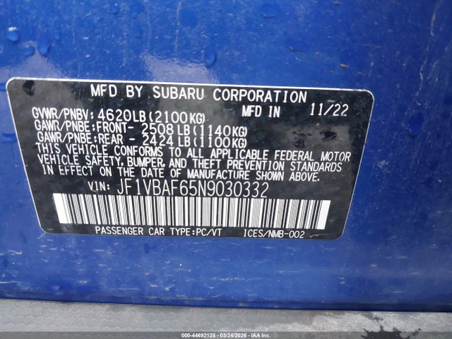 Продажа на аукционе авто 2022 Subaru Wrx Premium, vin: JF1VBAF65N9030332, номер лота: 44692125