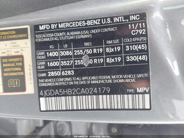 2012 Mercedes-benz Ml 350 4matic მანქანა იყიდება აუქციონზე, vin: 4JGDA5HB2CA024179, აუქციონის ნომერი: 44692129