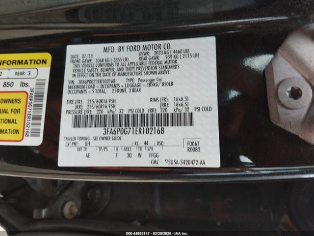 Aukcja sprzedaży 2014 Ford Fusion S, vin: 3FA6P0G71ER102168, numer aukcji: 44692147