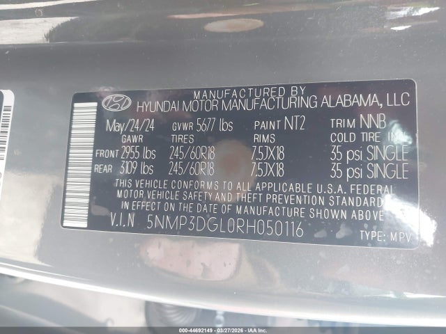 44692149 :رقم المزاد ، 5NMP3DGL0RH050116 vin ، 2024 Hyundai Santa Fe Xrt مزاد بيع