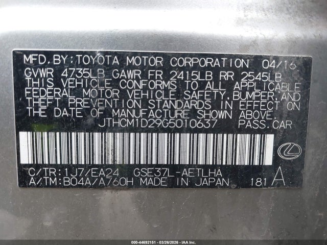 44692151 :رقم المزاد ، JTHCM1D29G5010637 vin ، 2016 Lexus Is 300 مزاد بيع