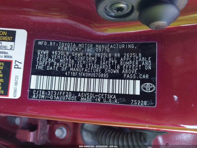 44692154 :رقم المزاد ، 4T1BF1FK0HU670895 vin ، 2017 Toyota Camry Se مزاد بيع