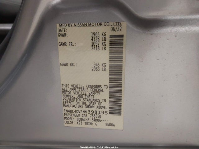 Auction sale of the 2022 Nissan Altima Sv Fwd, vin: 1N4BL4DV4NN398195, lot number: 44692158