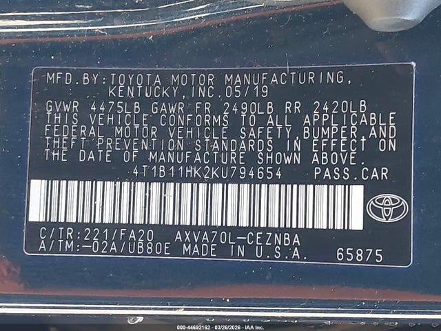 4T1B11HK2KU794654 Toyota CAMRY LE