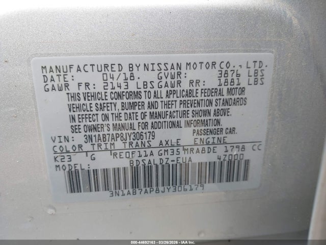 44692163 :رقم المزاد ، 3N1AB7AP8JY306179 vin ، 2018 Nissan Sentra Sv مزاد بيع