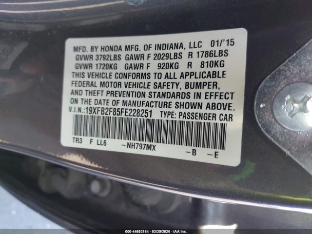 Honda CIVIC EX 2015 19XFB2F85FE228251 Image 9