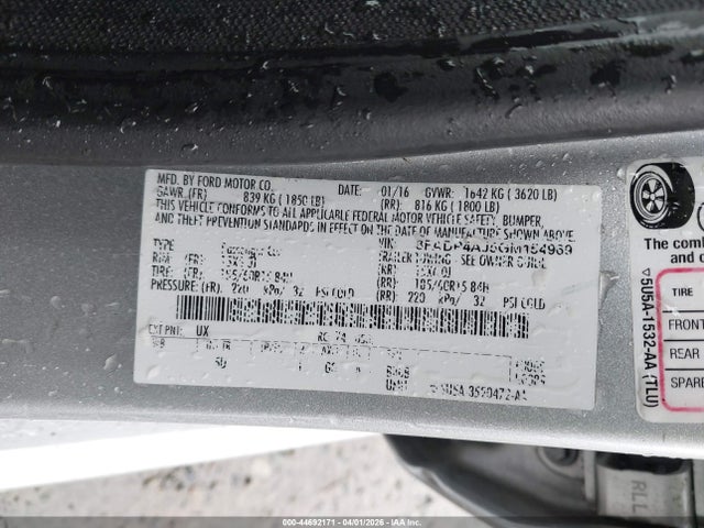 44692171 :رقم المزاد ، 3FADP4AJ5GM154969 vin ، 2016 Ford Fiesta S مزاد بيع