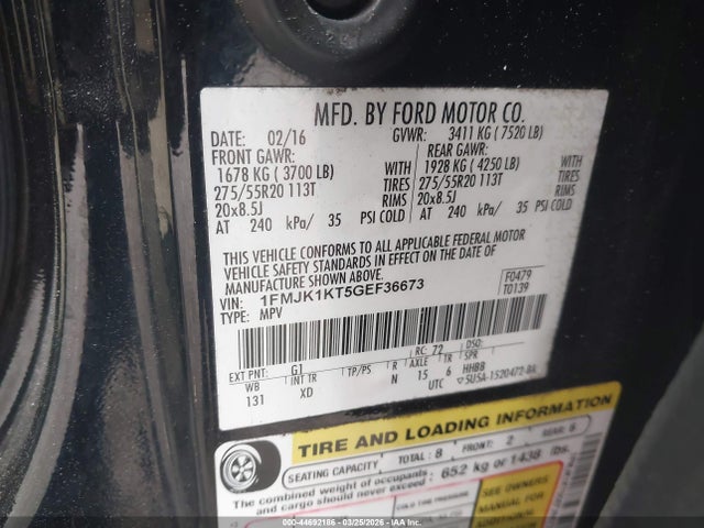 44692186 :رقم المزاد ، 1FMJK1KT5GEF36673 vin ، 2016 Ford Expedition El Limited مزاد بيع