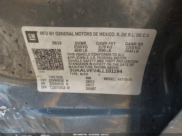 Aukcja sprzedaży 2020 Gmc Terrain Awd Slt, vin: 3GKALVEV4LL101194, numer aukcji: 44692196