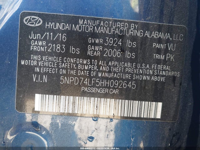 Hyundai ELANTRA SE 2017 5NPD74LF5HH092645 Image 9