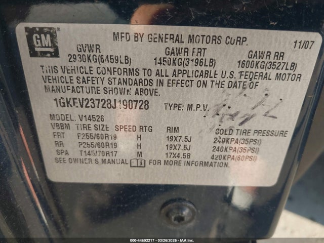 44692217 :رقم المزاد ، 1GKEV23728J190728 vin ، 2008 Gmc Acadia Slt-1 مزاد بيع
