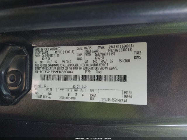 Aukcja sprzedaży 2015 Ford F-150 Xl, vin: 1FTEX1EP2FKE80083, numer aukcji: 44692222