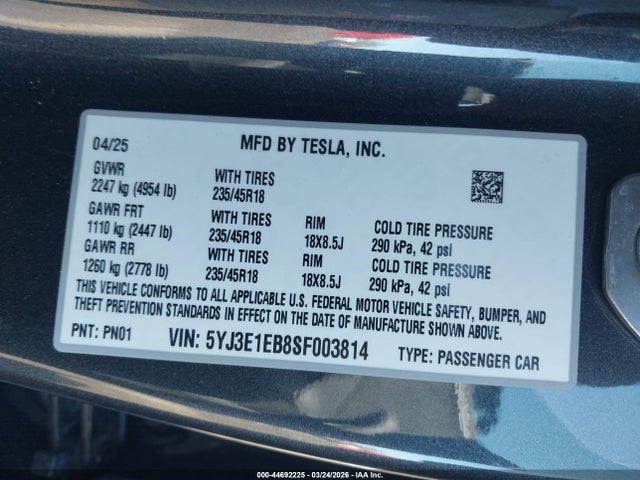 Aukcja sprzedaży 2025 Tesla Model 3 Long Range All-wheel Drive, vin: 5YJ3E1EB8SF003814, numer aukcji: 44692225